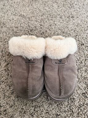 BearPaw Platform Taupe Suede Slip-On Slippers with Cream Shearling